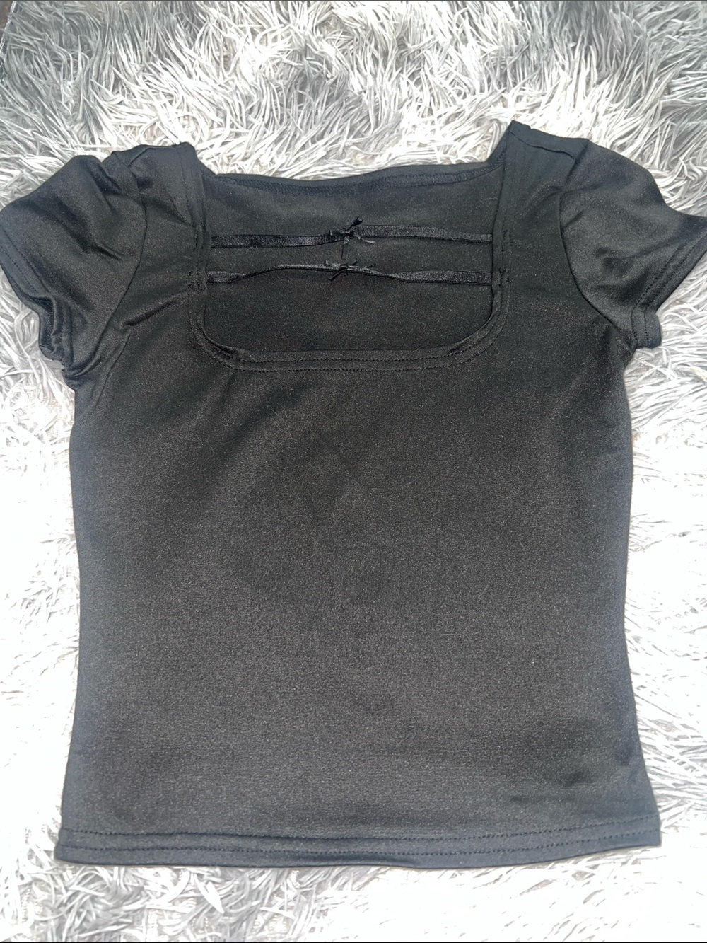 Classic Black Square Neck Short Sleeve Top with Bow Detail